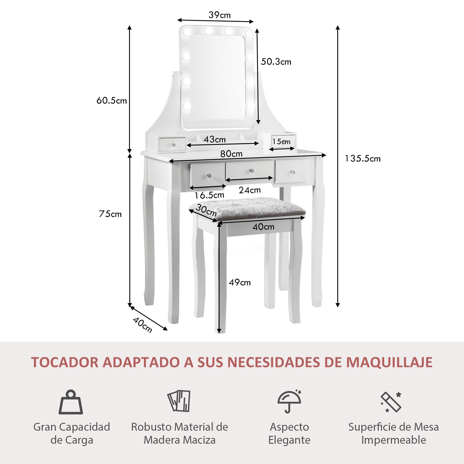 RELAX4LIFE Tocador de Maquillaje con Espejo Extraíble y Giratorio 360° y 10 Luces LED Regulables, Tocador Maquillaje con Taburete Acolchado, 5 Cajones, 3 Compartimentos y 2 Estantes (Blanco)