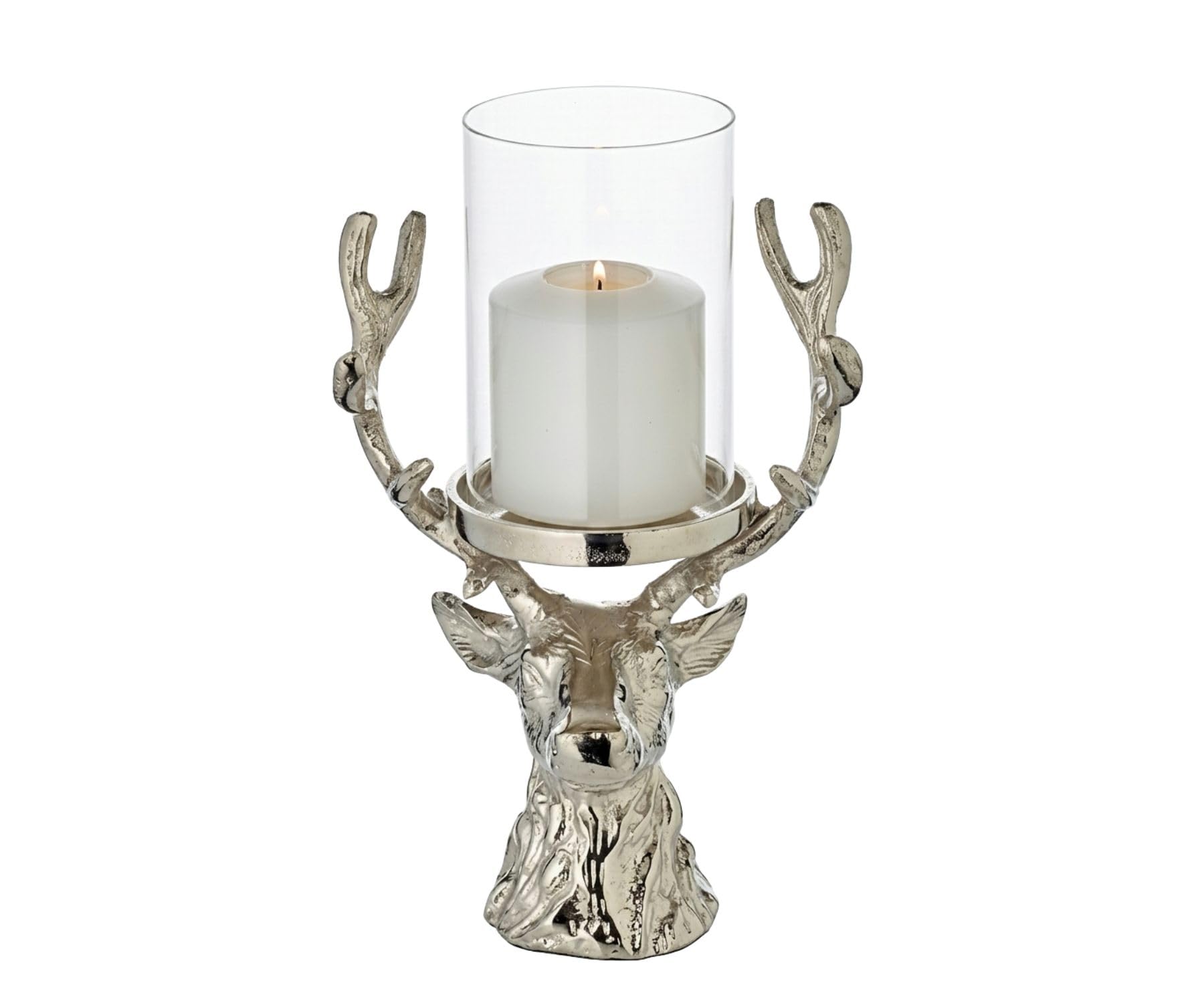 EDZARD Windlicht Hirsch Adi (H 28 cm), Aluminium vernickelt, für Stumpenkerzen bis Ø 8 cm – Kerzenhalter Hirsch Silber, Hirschkopf Deko, Geweih Windlicht, Tischdeko Weihnachten