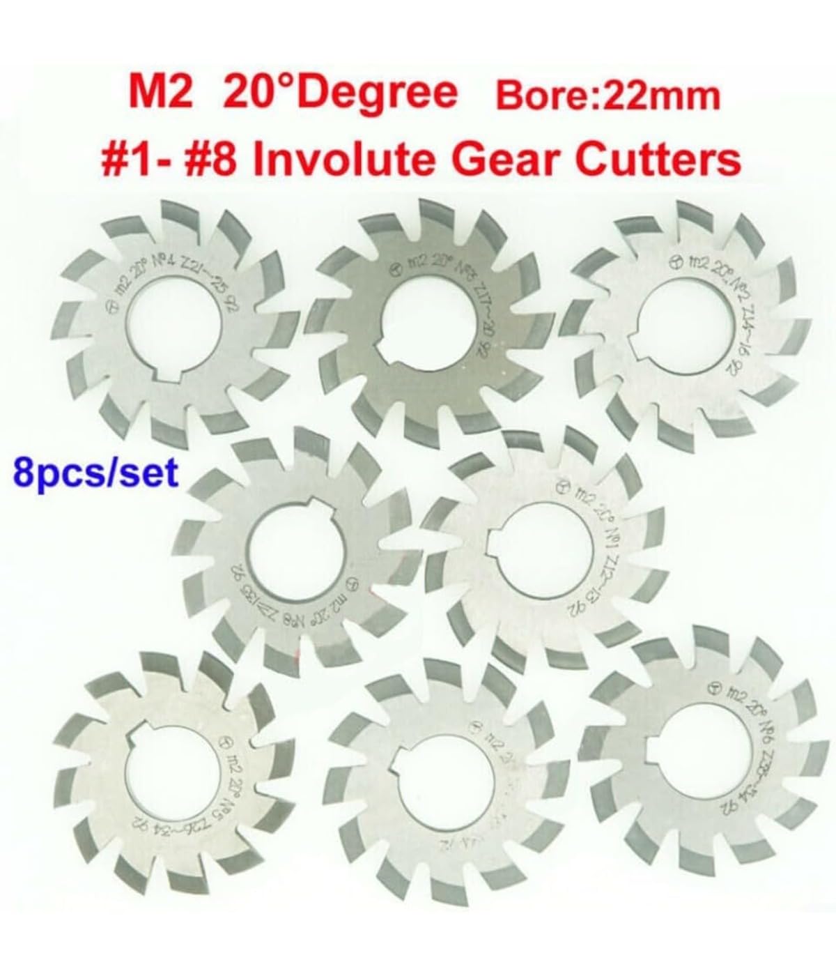 8 Stück M2 PA 20° Grad Kegelradfräser HSS Modul 2 Getriebe Kit Involute Gear M2 HSS Zahnradfräser, Schneidwerkzeug zum Fräsen von Zahnrädern