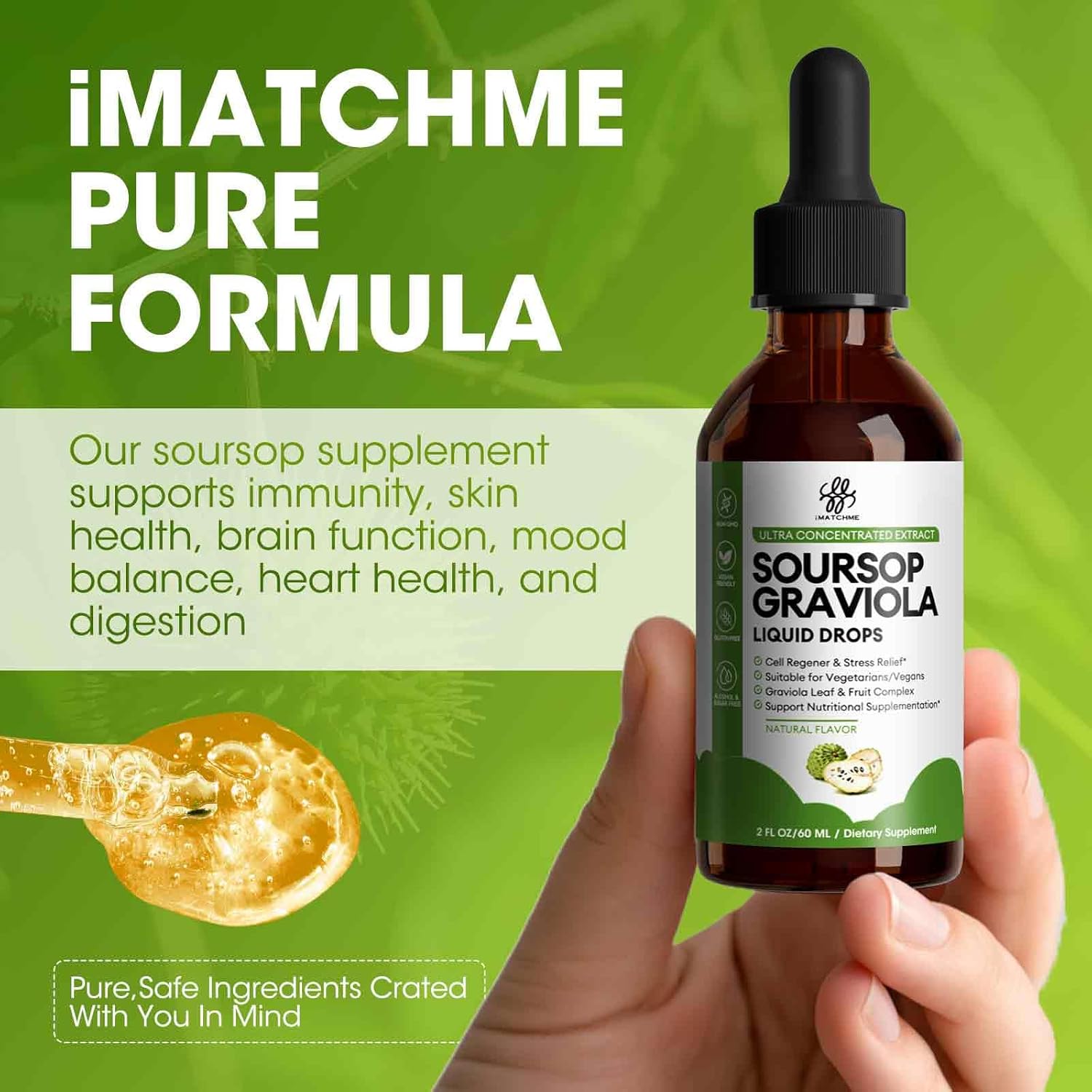 iMATCHME Soursop Graviola Liquid Drop for Cell Support & Regeneration, Immune System and Gut Health Support, Pure Soursop Bitters Liquid, High Absorption, Sugar/Gluten Free, Natural Flavor, 2 Fl Oz thumbnail