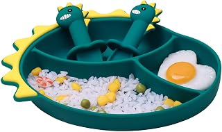 Suction Plates for Baby,Silicone Toddler Plates with Spoon Fork set Divided Dinosaurs Plates Self Feeding Training Baby Dinner Plate-Blue Dinosaurs Plate Set
