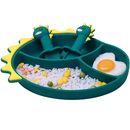 Juego de 3 manteles individuales de silicona con forma de dinosaurio para niños pequeños, con cuchara y tenedor, plato dividido para bebés, niños y