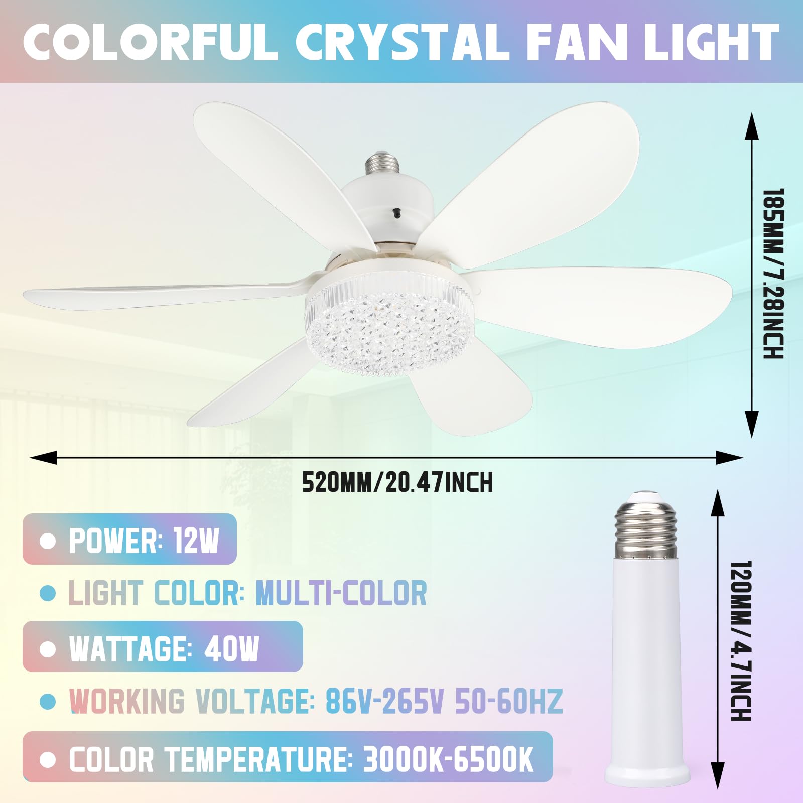 ConBlom Ventilatore da soffitto con lampada E27 e telecomando, 40 W, copertura in cristallo RGB, dimmerabile, silenzioso, 6 pale, per camera da letto, soggiorno, cucina