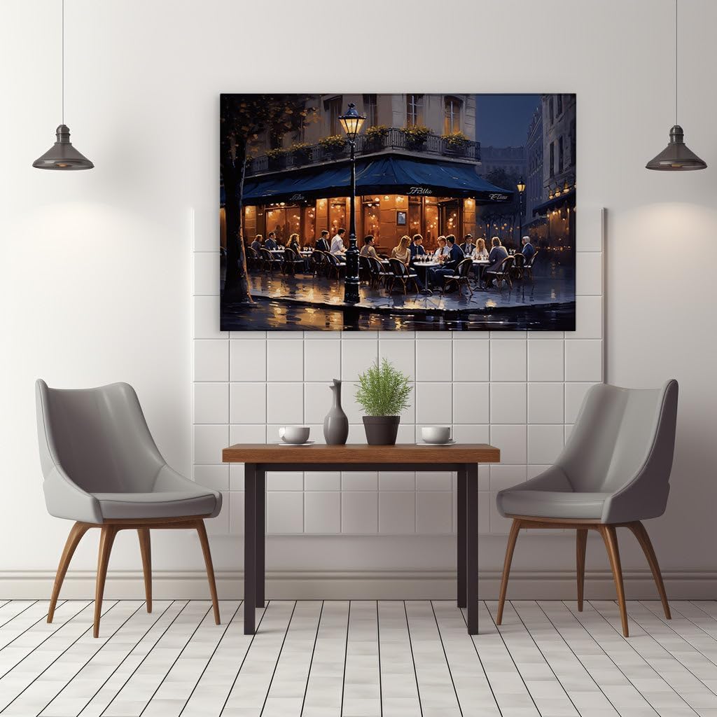 Canvas for Living room. Parisian Nights � The Intimate Charm of Fritho's Street Cafe in the Rain, 27 x 18 inch Canvas Wall Art - Modern Home Decor