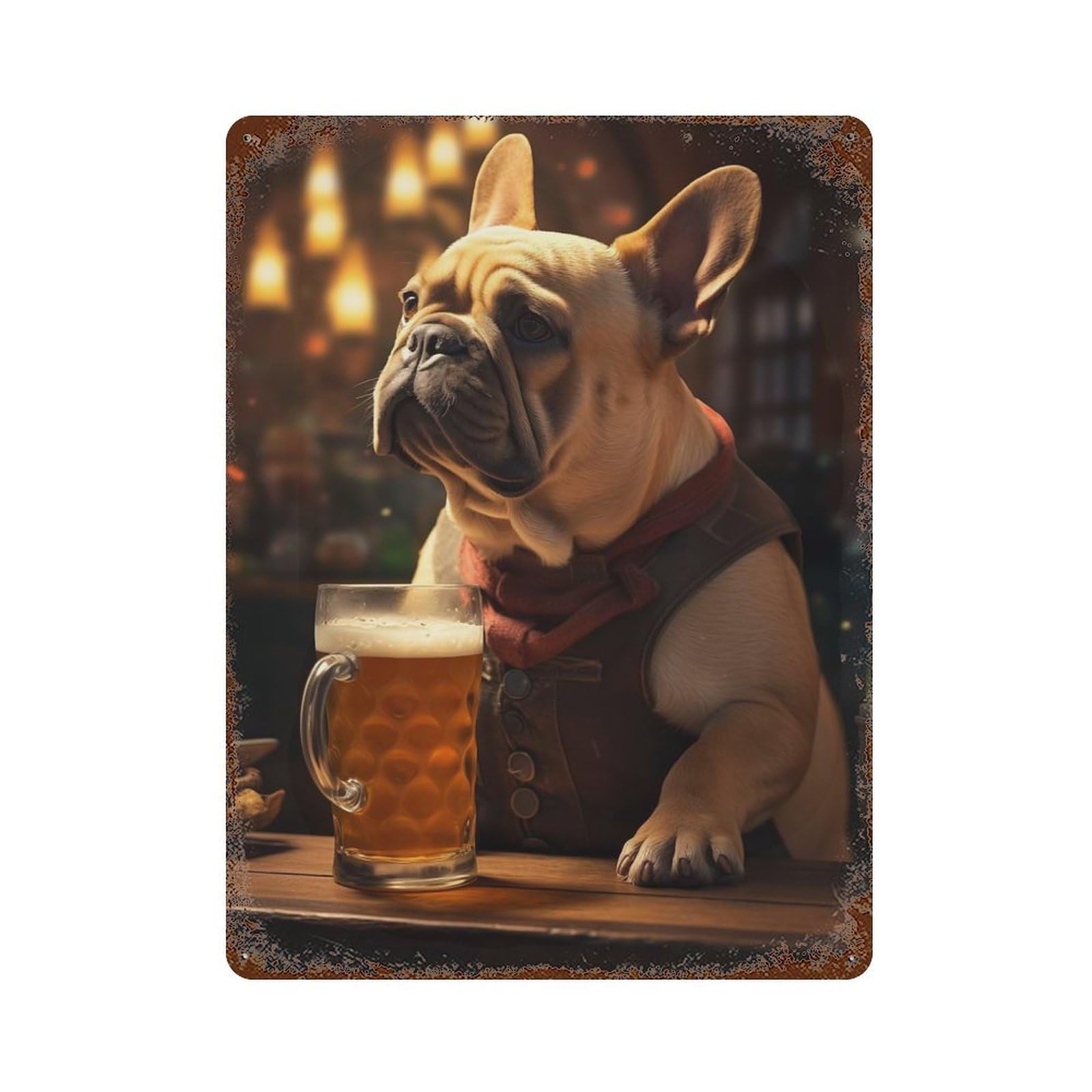 Rust Effect Funny French Bulldog Beer Retro Metal Sign 15.7"x11.8", Classic Wall Plaque for Cafe, Home Bar And Lounge Decor
