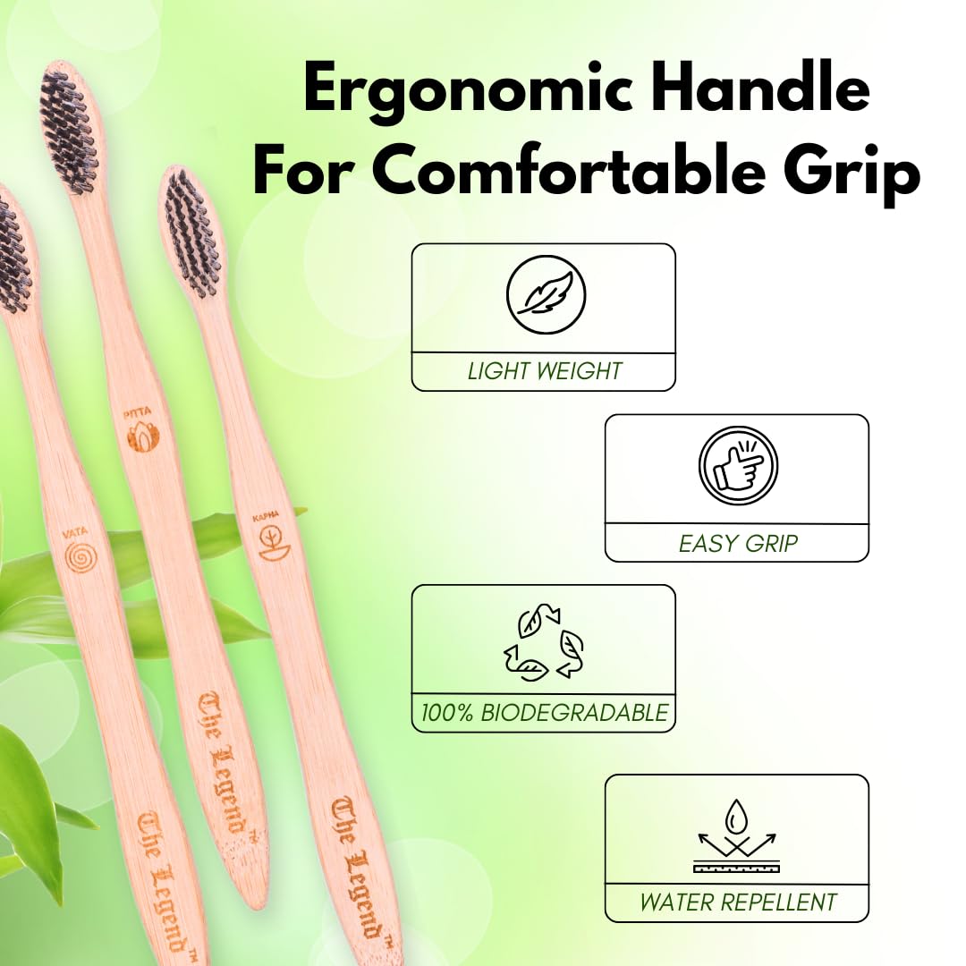 The Legend Bamboo Wooden Toothbrush with Activated Charcoal Infused Brishtles, Pack of 3 Units, 1 Storage Bag 2