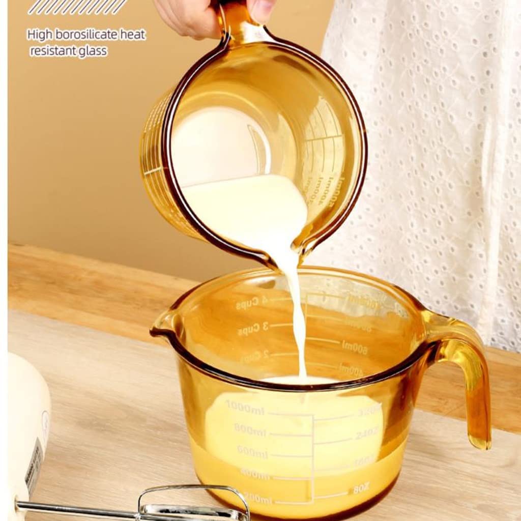 Tasse à mesurer en Verre Ambre Tasse à Lait en Verre résistant à la Chaleur Tasse de Cuisson Four Once Tasse à mesurer graduée Tasse de Petit-déjeuner pour Enfants (500ML + 1000ML)