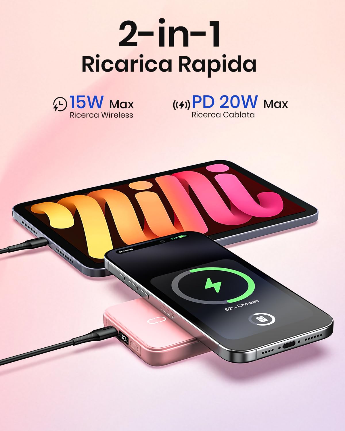 Magnetico-Power-Bank-Wireless-10000mAh - Riapow PD 20W QC 3.0 Ricarica Rapida Powerbank, Caricabatterie Portatile con Ingresso e Uscita USB C e Display LED per IPhone 16/15/14/13/12 (Rosa)