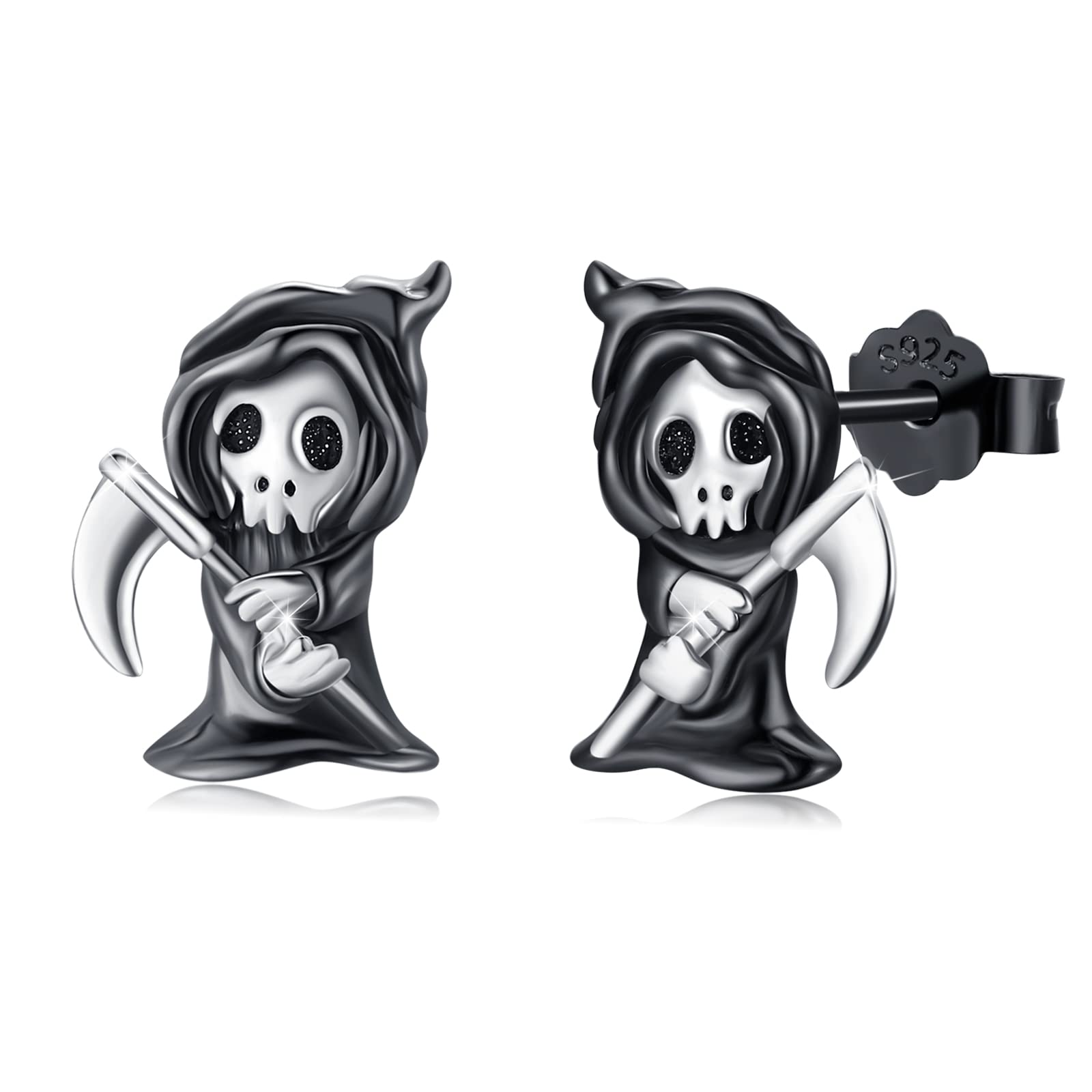 Reaper Pendientes de plata de ley 925, pendientes de hombre de parca negros, pequeños aretes de esqueleto, Halloween, parca, regalo para mujeres y hombres, Plata de ley