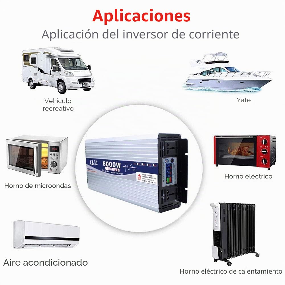 Inversor de Corriente 600 W 1000 W 2000 W 3000 W 4000 W 5000 W 6000 W Onda sinusoidal Pura 48/60 V a 220 V Transformador con Enchufe y USB Dual para Coche, LCD, iPhone, iPad y Tableta