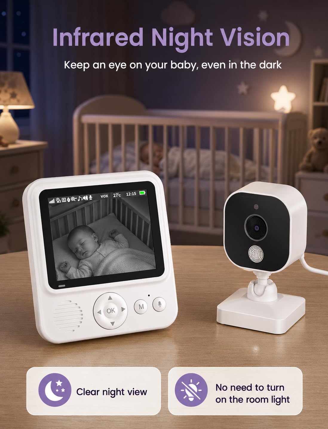 BURNNOVE Babyphone mit Kamera, Babyphone ohne WLAN, 96H VOX Akku, 720P IPS, Split Screen, Bewegungserkennung, Nachtsicht, 2-Wege-Audio, Temperaturüberwachung