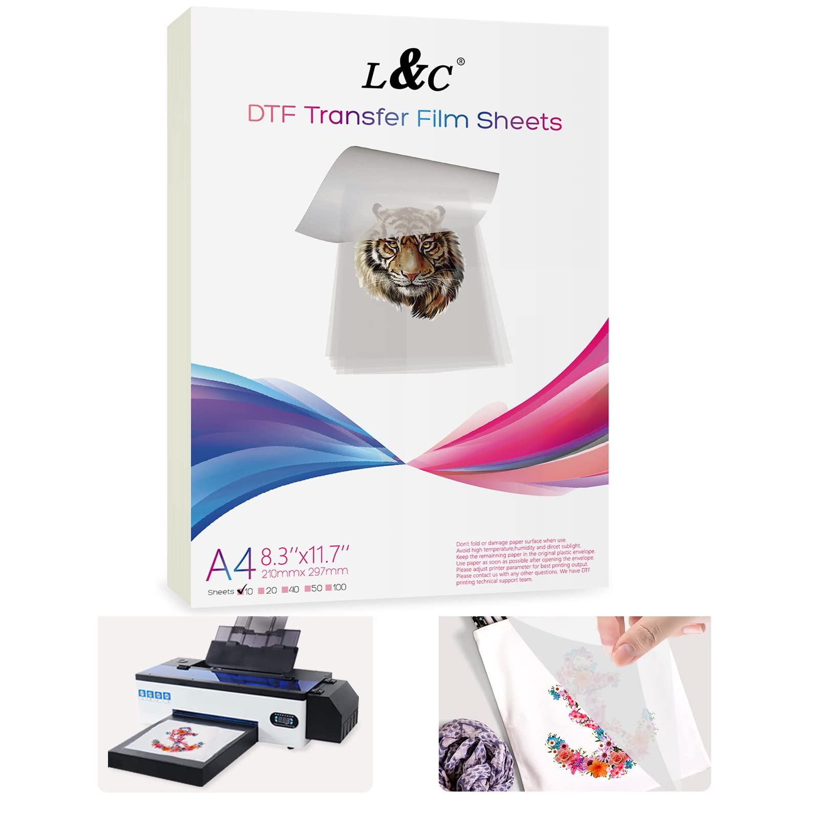 L&C DTF Film DTF Transfer Film Glossy Clear PreTreat -A4 PET Heat Transfer Paper for DYI Direct on T-Shirts Textile (8.3" x 11.7 A4 10Sheet)