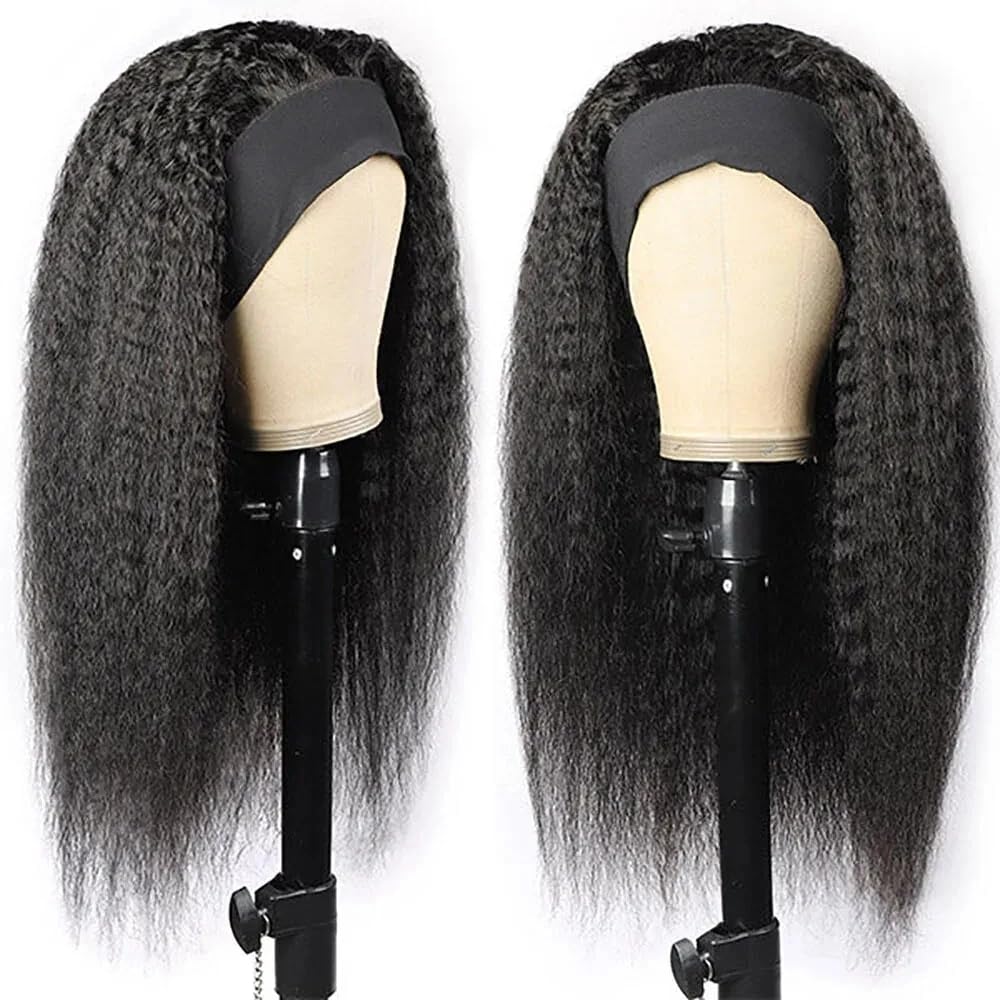 Urshiney 20 Inch Kinky Straight Headband Wig for Black Women Brazilian Virgin Human Hair 150 Density Yaki Texture Machine Made Glueless Wigs Beginner Friendly Natural Black - Image 3