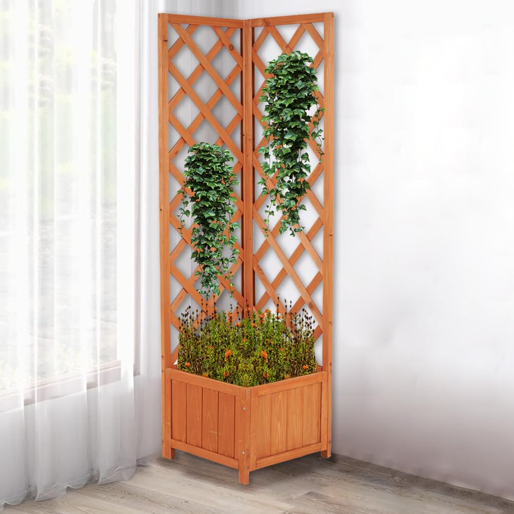 BAKAJI Macetero esquinero de Madera con celosía para Exterior y Exterior, para jardín, balcón, Patio, Resistente a la Intemperie, 40 x 40 x 145 cm