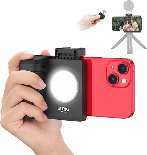 Miniatura 1 de UURIG PH-14 - Mango de obturador de cámara para teléfono inteligente con control remoto Bluetooth inalámbrico desmontable, luz de relleno ajustable