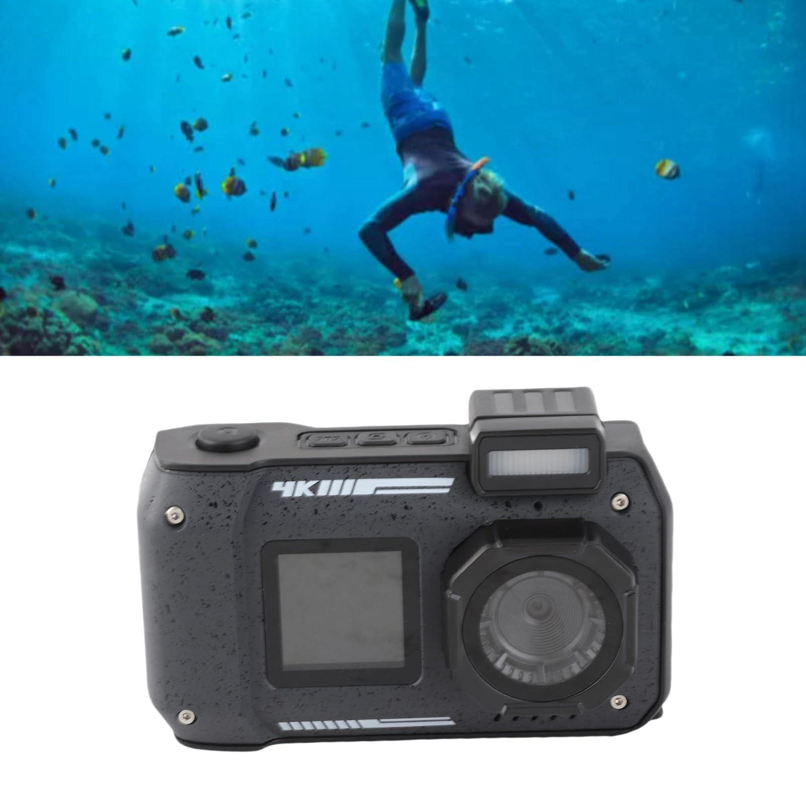 Caméra Sous-Marine 4K 65MP Étanche 10m - Double Écran, Zoom 10x, Batterie Longue Durée - Idéale Plongée Apnée, Plage & Selfies (Noir)