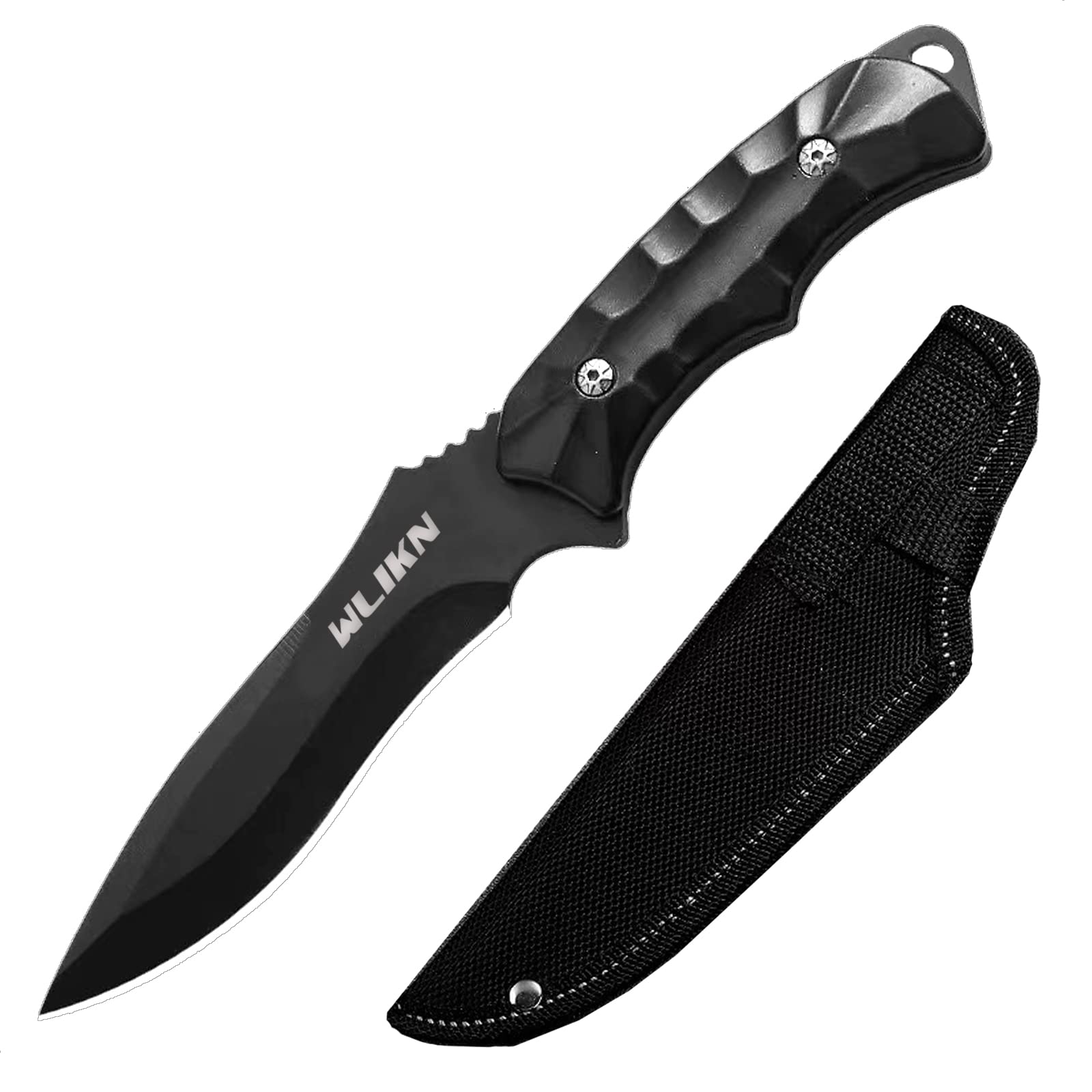 Photo 1 of Wlikn Full Tang Fixed Blade Knife with Sheath, Strong Single Edge Blade Survival Bowie Knife with Non-Slip Handle, for Camping, Hunting, and EDC, Multi Black