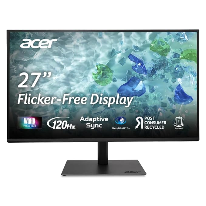 Acer B277U GB 27 inch WQHD (2560x1440) IPS Monitor | ErgoStand Tilt Swivel Pivot Height Adjust | 120Hz AdaptiveSync |TUV Low BlueLight | Strong Sturdy Design | HDMI DP Audio Out | Speakers I Black