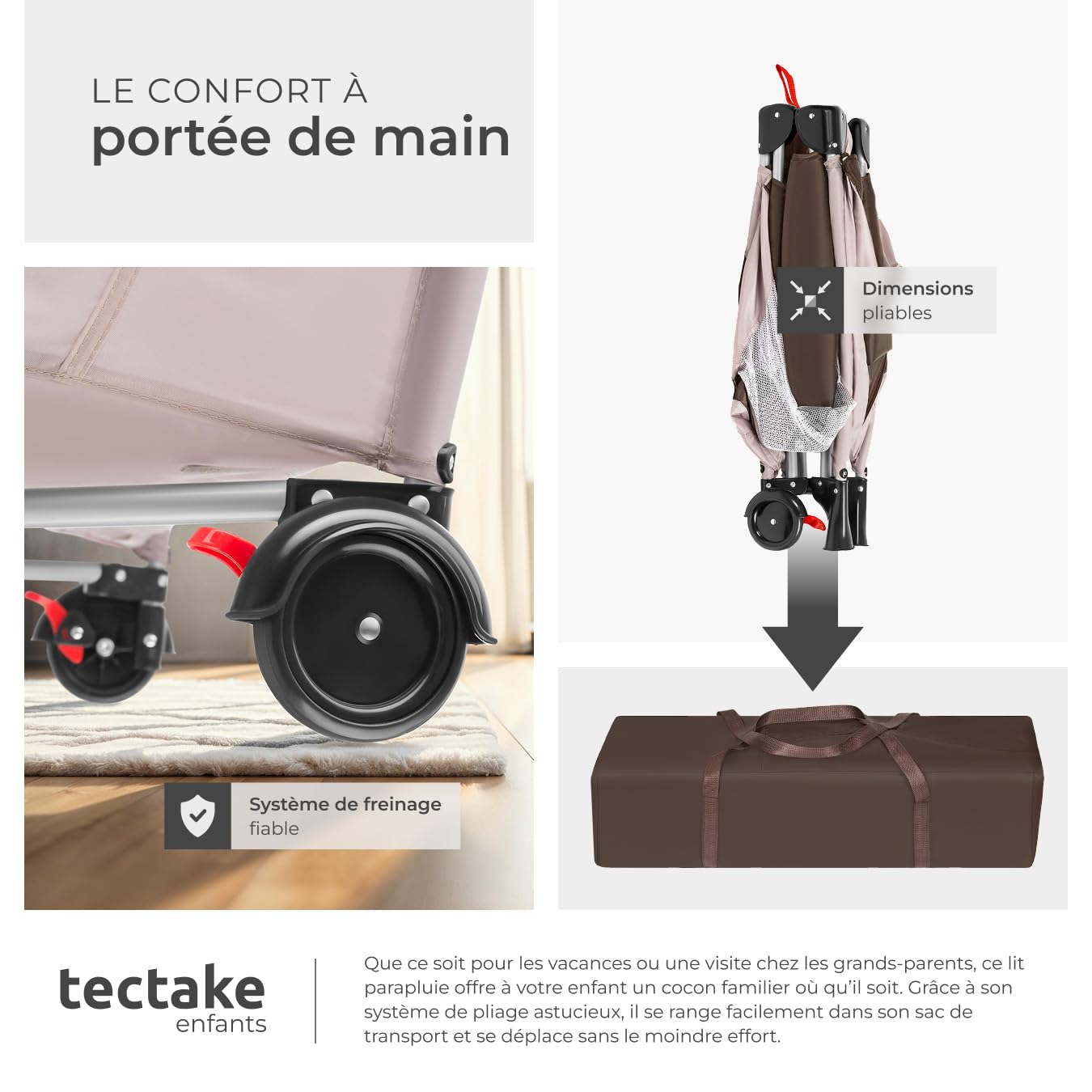 tectake® Lit Parapluie Pliable Lit Bébé Voyage léger sur roulettes avec Sac de Transport, Mobilier Enfant idéal pour Maison ou Voyage Equipement Bebe Parc Bebe
