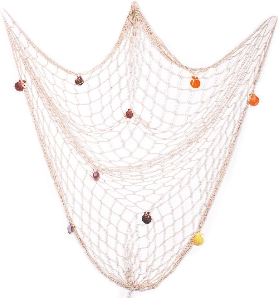 Old Tjikko Decorative Fishing Net,Marine Wall Decoration Net,Mediterranean Decor Net,Nautical Fish Net with Sea Shells Mediterranean Style for Home Decoration,Beige/Blue,1.5M*2M(Beige)