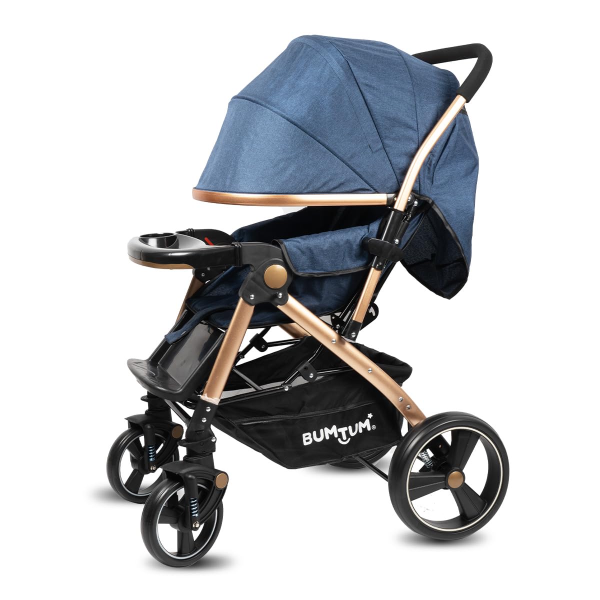 BUMTUM Luxury Baby Stroller | Pram for 6 to 36 Months| New Born | Toddler | Kid | Reclining Backrest | 360° Swivel Wheel Storage Basket Reversible Handlebar (Denim Blue)-image-49