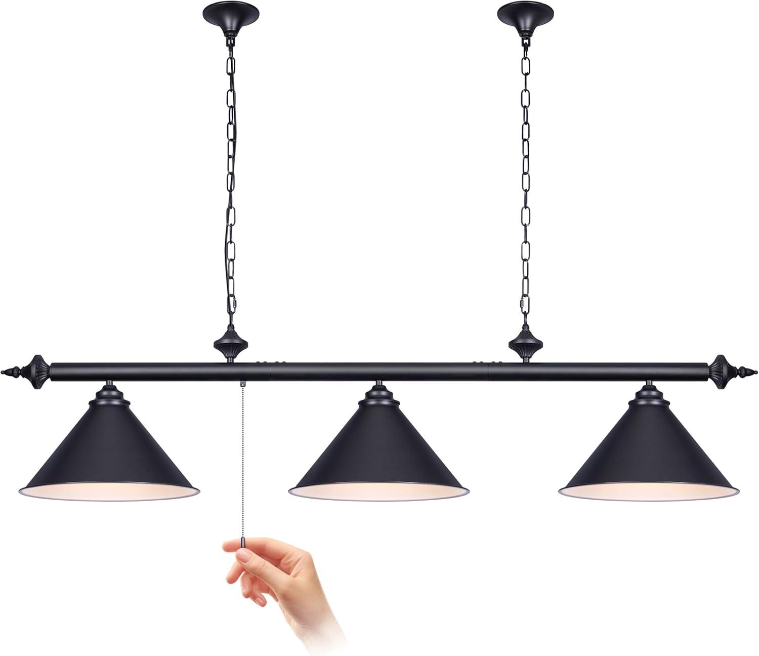 mirrea 59in Billiard Pool Table Light with Pull Chain Switch on Pendant Light Fixture 3 Lights with Matte Black Shade
