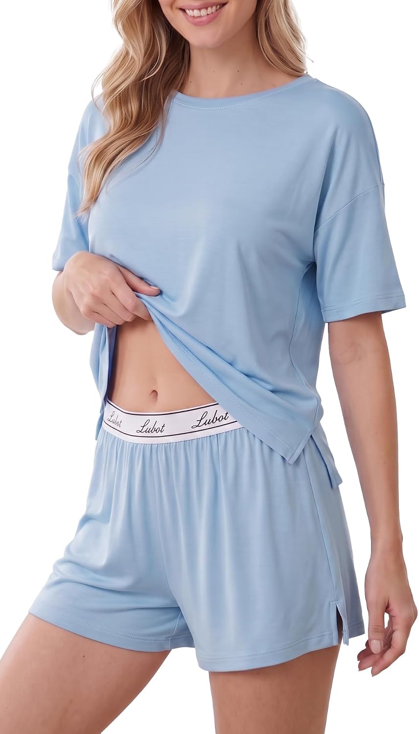 LUBOT 2026 Womens Pajamas Set Bamboo Viscose Side Split Soft Cooling PJ Sets Pjs 2 Piece Short Sleeve Loungewear Sleepwear
