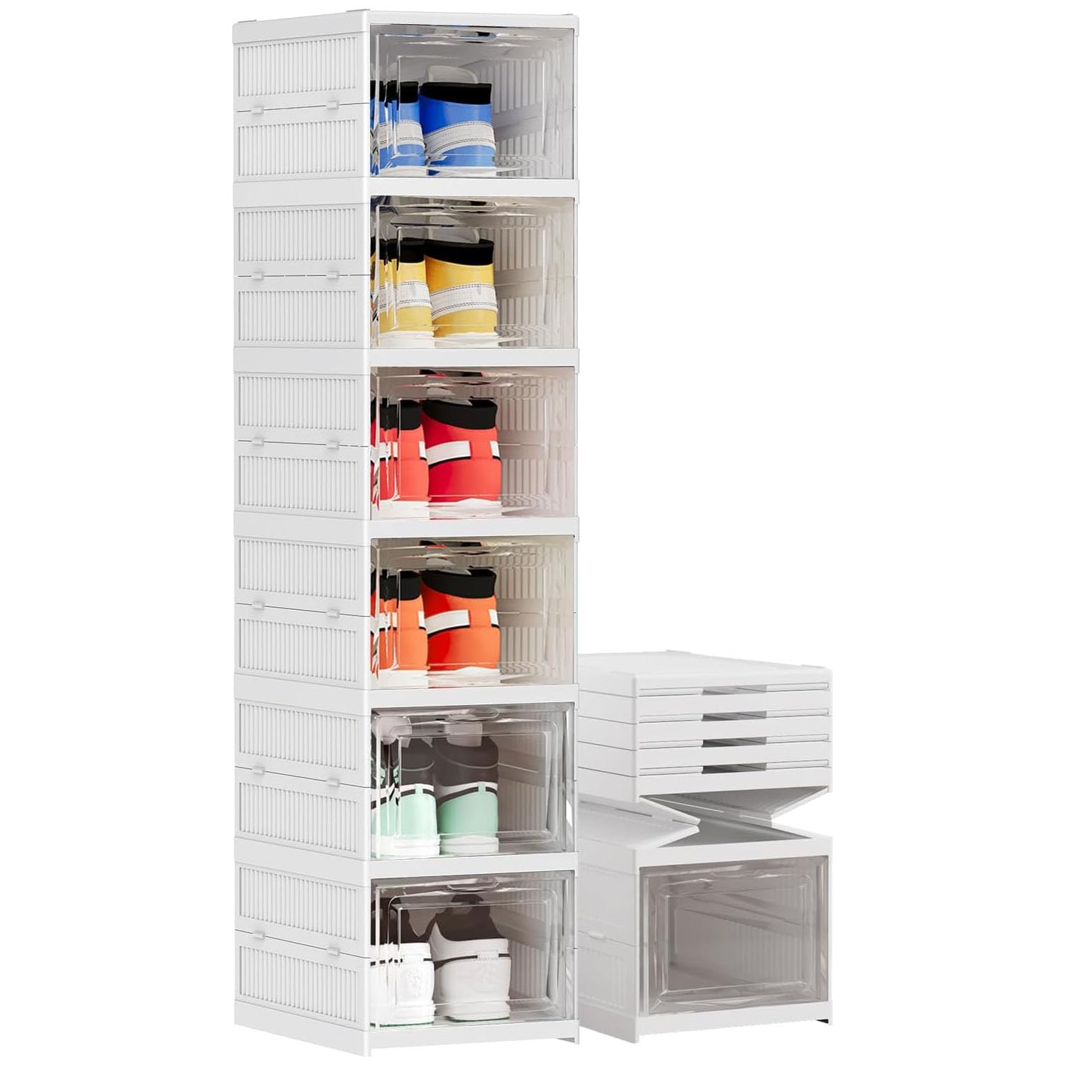 6 Tier Foldable Clear Shoe Box Storage Organiser Stackable Containers Trainers