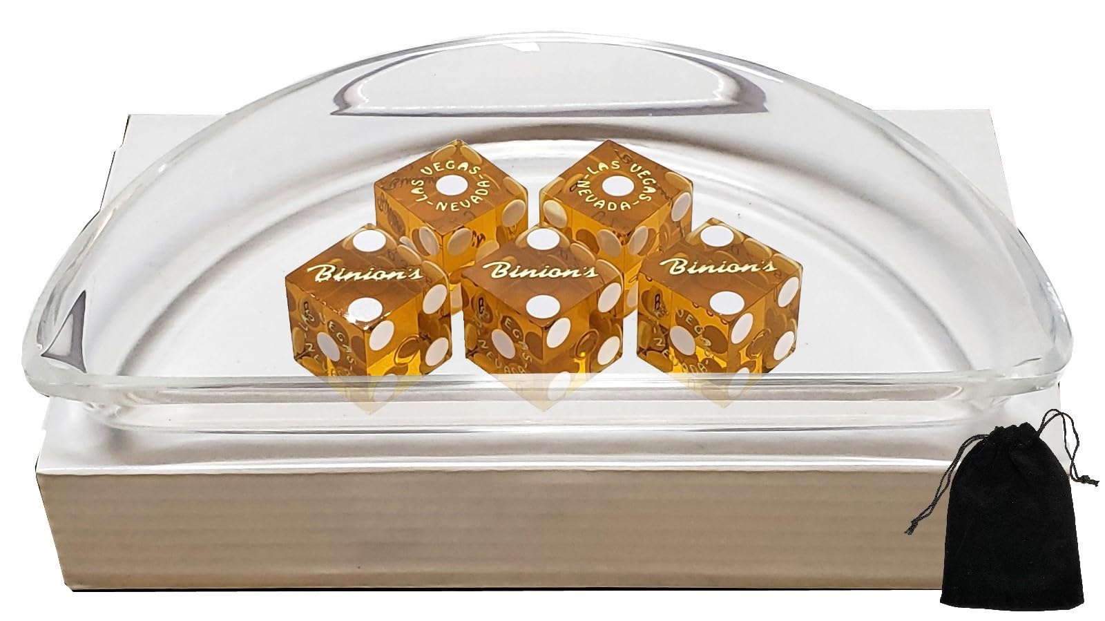 Craps Dice Kit - Set of 5 Authentic Nevada Casino Dice with Storage Pouch + Acrylic Dice Boat Bundle - Binion's (Yellow Polished)