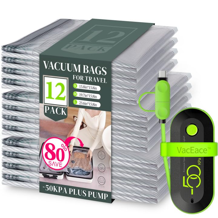 Vacbird Vacuum Bags for Travel with USB Pump, 12 Pack Carry-on Size Compression Packing for Luggage and Suitcase, Space Saver Bags for Clothes and Clothing Travel