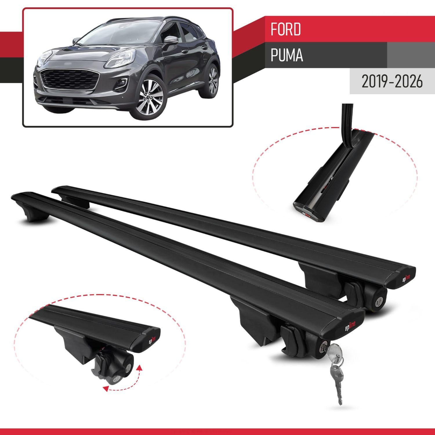 Compatible con Ford Puma 2019-2026 Modelo Hook Barra de Techo Auto Portaequipajes Barras Transversales Negro Aluminio 2 Barras