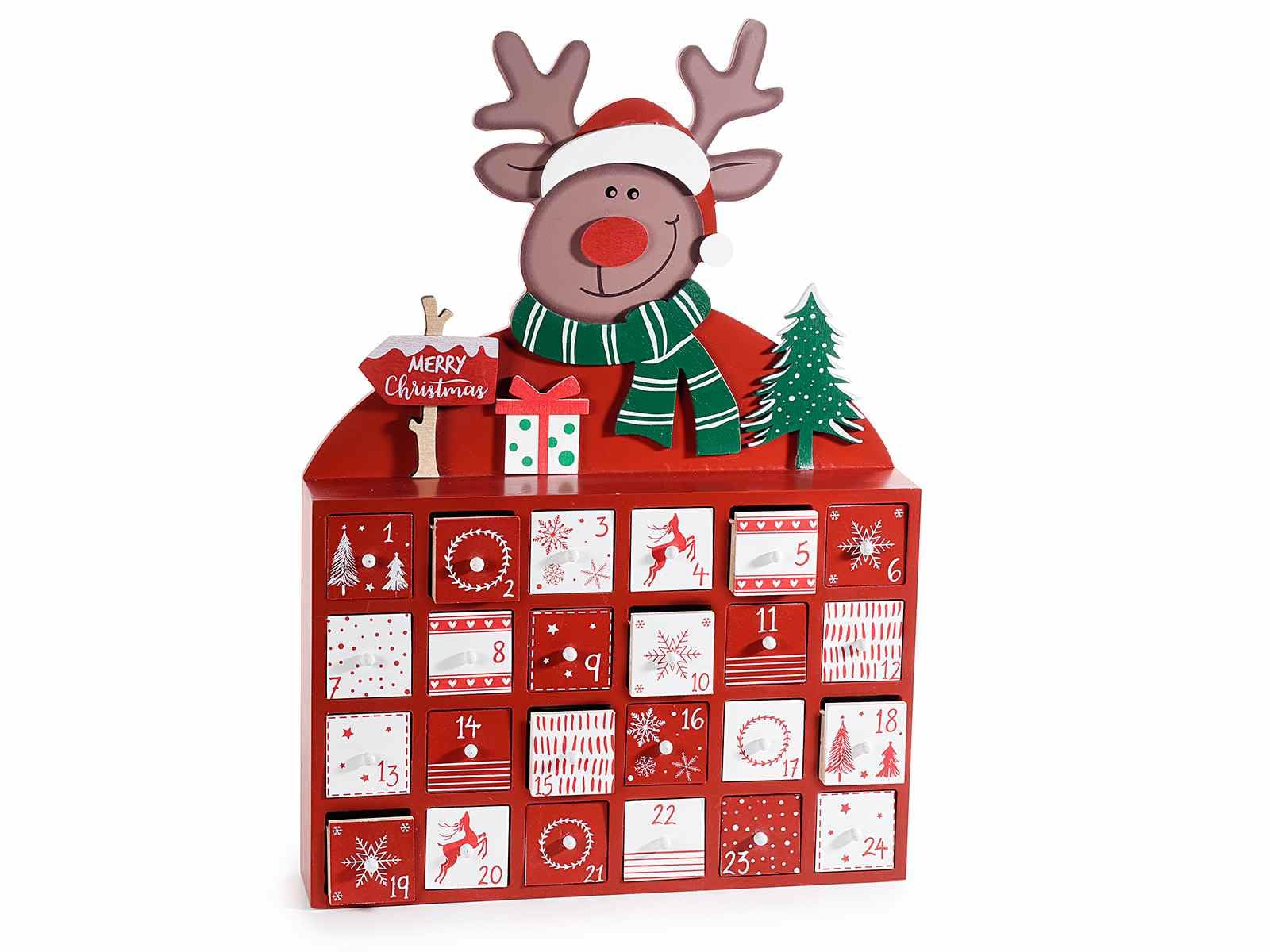 Gruppo Maruccia - Calendario dell’Avvento Natalizio - In Legno Decorato - Con Renna e 24 Cassettini Numerati - Per Regali Fai da Te e Decorazioni di Natale