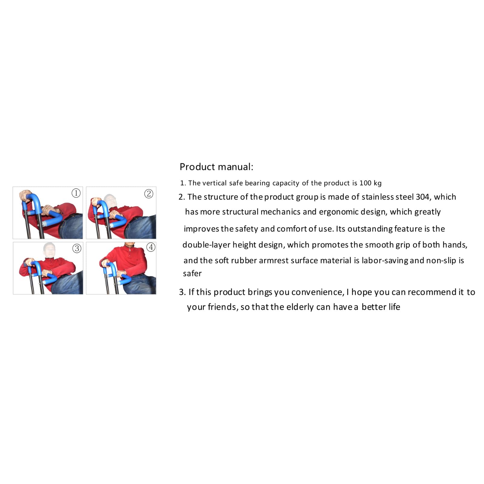 Zunate Barandilla para Cama, Acero Inoxidable 304, Barandillas de Goma para Cama, Seguridad para Adultos Mayores, Barandilla Auxiliar para Cama de Altura Ajustable, Barandillas