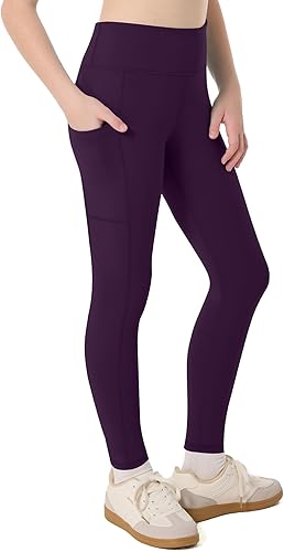 Moozava Girls Athletic Leggings with Pockets Kids High Waisted Dance Pants Yoga Workout Running Cheer Gymnastics Tights 2XL Purple