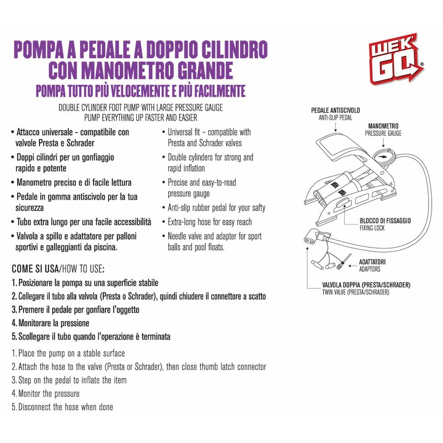 We'k'go Pompa a Pedale Doppio Cilindro con Manometro Grande | Gonfiaggio Rapido Fino a 11 Bar (160 PSI), Attacco Universale Presta/Schrader