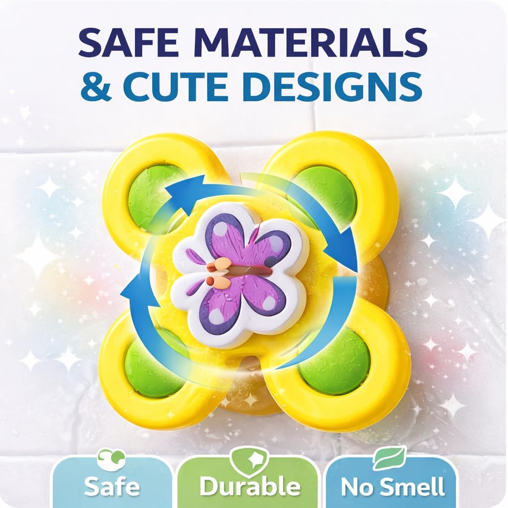 PB Prime Brands Strong Suction Cup Fidget Rotating Sensory Bath Toys for Baby 6 12 18 Months Airplane Car Travel Table & Window Toys for 1 2 Years Old Toddler Boys and Girls (Rocket Rotate Ball) 1