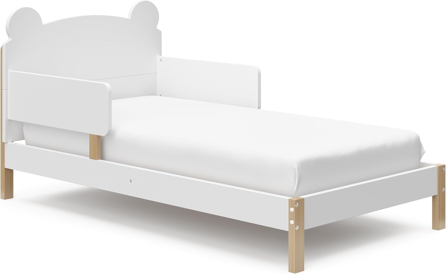 Storkcraft Teddy Bear Toddler Bed (White with Driftwood) - GREENGUARD Gold Certified, includes Toddler Safety Guardrails, Fits Standard Crib & Toddler Mattress, Stylish 2-Tone Design