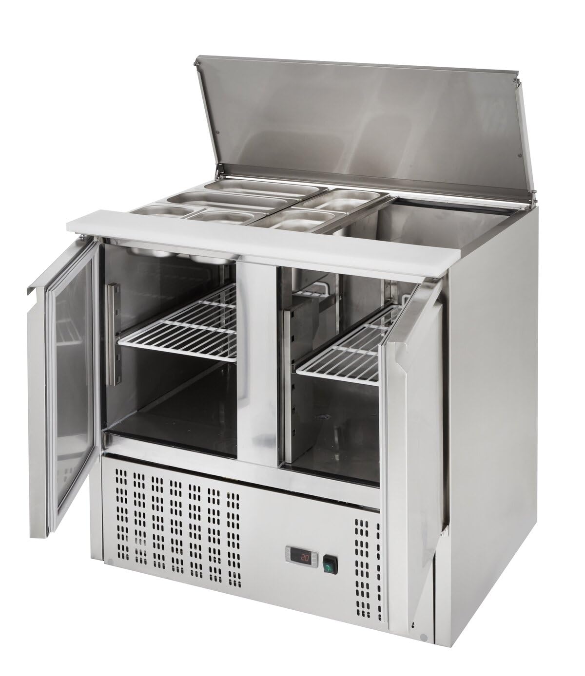 GastroHero Saladette Gastro ECO 900 avec couvercle rabattable - 240 litres, 3kW/h, Place pour 2 récipients 1/1 GN, Réfrigération statique | CHR Fournitures de la restauration