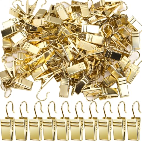 Teenitor 100 Pack Gold Curtain Clips Curtain Hooks Stainless Steel Small Clips for Hanging Curtains Outdoor String Lights Art Craft Display Gold