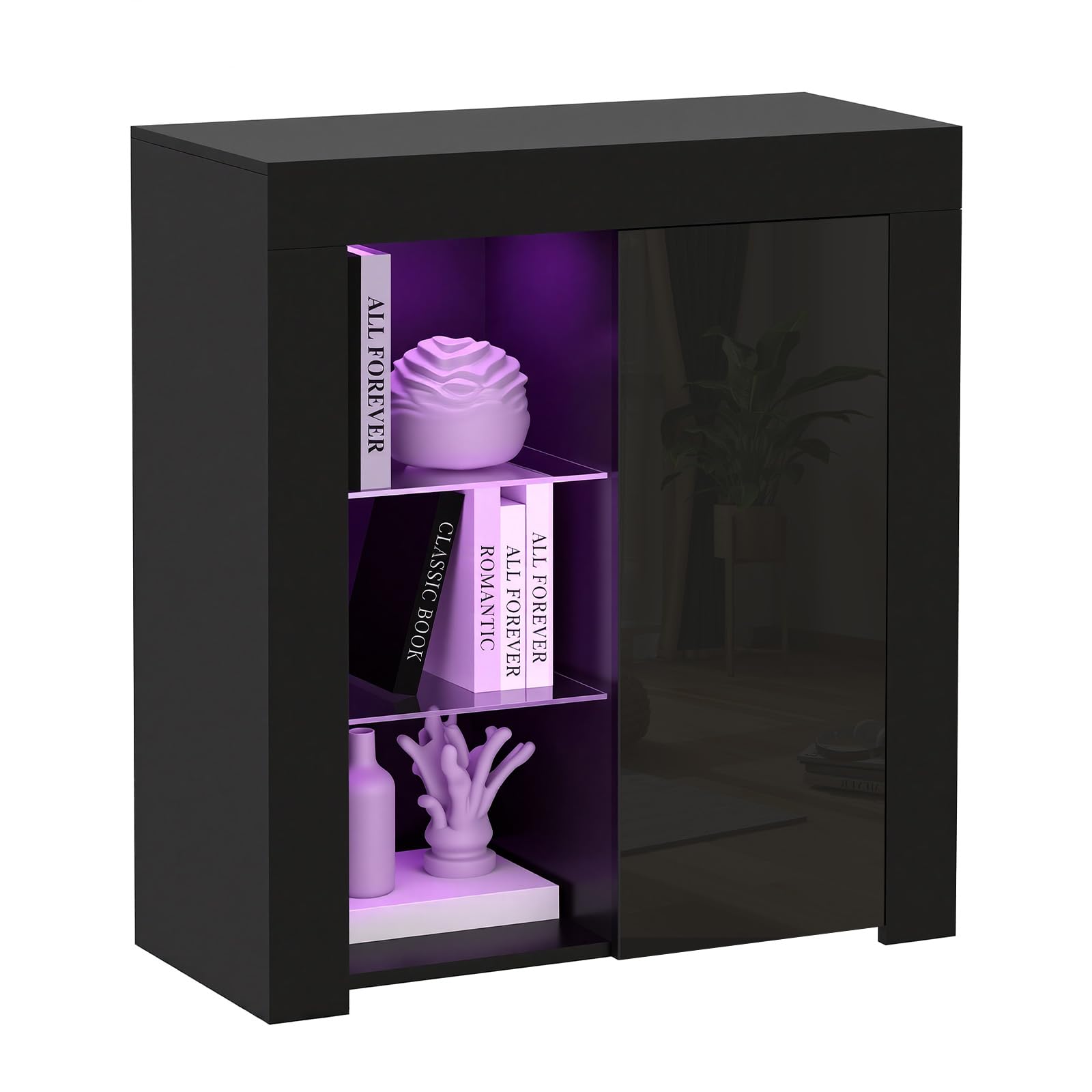 Panana Sideboard Modern Cabinet Matt Body and High Gloss Doors Sideboard 16colors LED Lighted LxWxH 29.53x15.78x32.68inch (Black)