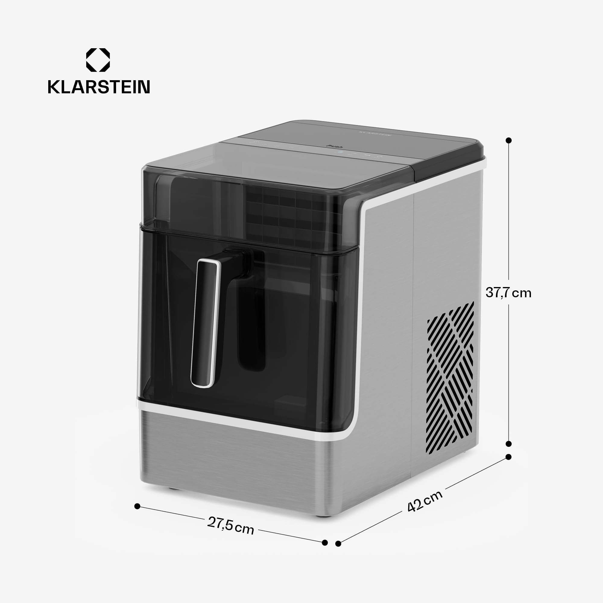 Klarstein - Macchina del Ghiaccio, Acciaio Inossidabile, 23kg/24h, 32 Cubetti/17 Min, Pulizia Automatica, Pannello di Controllo, Avviso del Livello Acqua, Design Moderno, Acciaio inossidabile