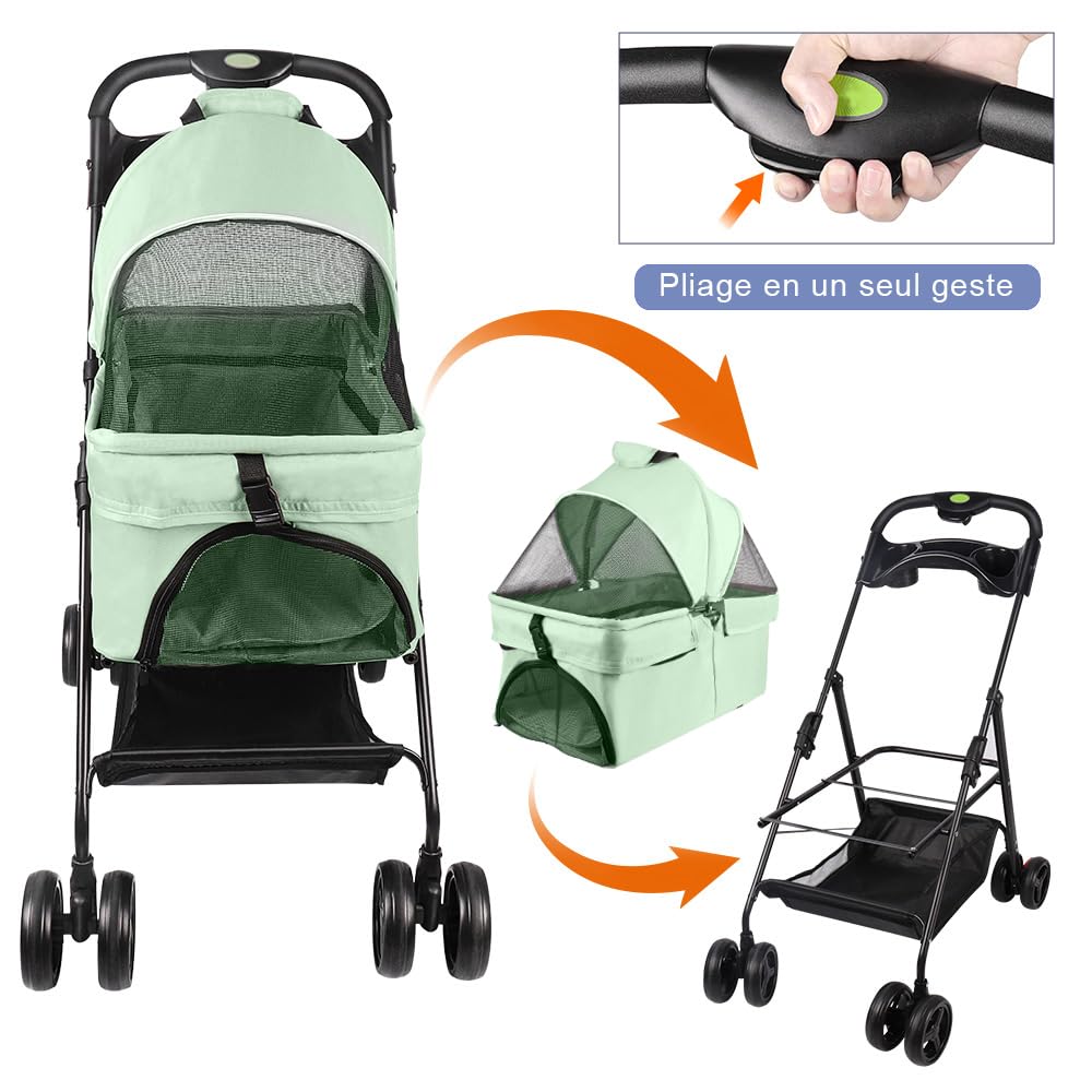 OHMG Faltbarer Buggy für Tiere, faltbar, für Hunde und Katzen, Getränkehalter, Aufbewahrungskorb, inklusive Rollen mit Bremse, 600D Oxford-Stoff, mit abnehmbarer Babywanne, faltbare Transportbox