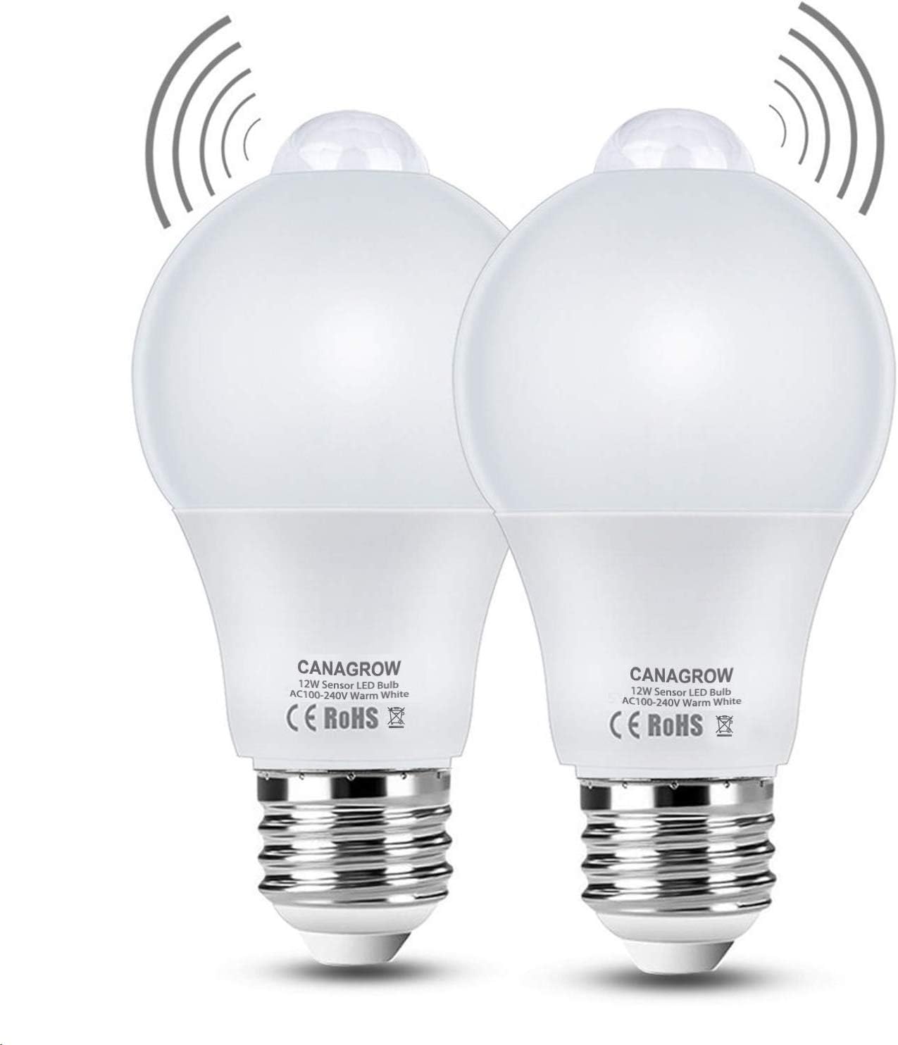 Motion Sensor Light Bulbs, Smart LED Light Bulbs, CANAGROW 12W (120W Equivalent) E26 Motion Activated Dusk to Dawn Light Bulb Indoor Outdoor Night Lights for Front Door Porch Garage Basement, 2 Pack