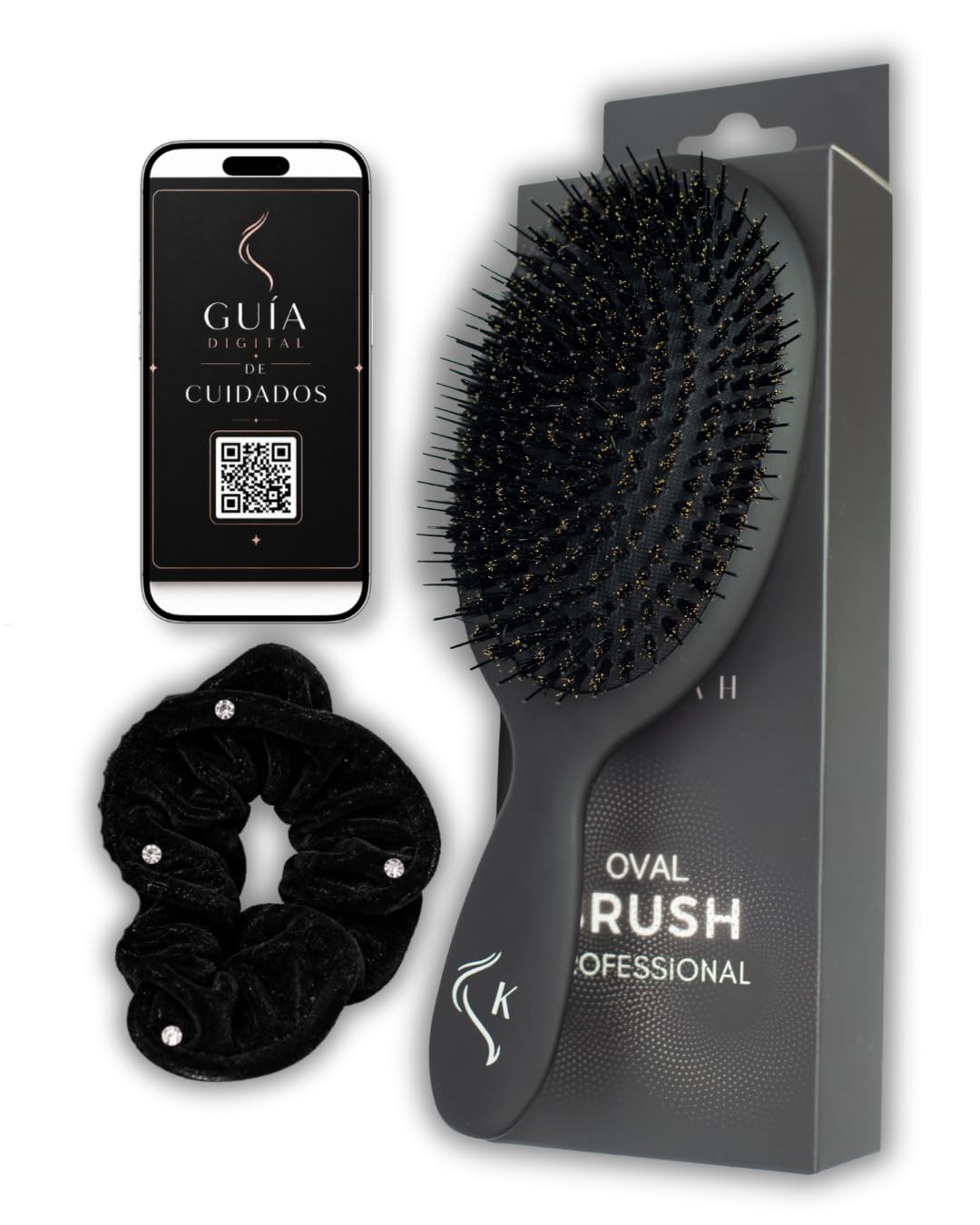 Cepillo de Cerdas de Jabalí para Cabello – Cepillo Pelo Antiencrespamiento y Antirotura, Cepillo Desenredante Cabello Largo y Extensiones+ Goma Terciopelo + Guia de cuidados del cabello