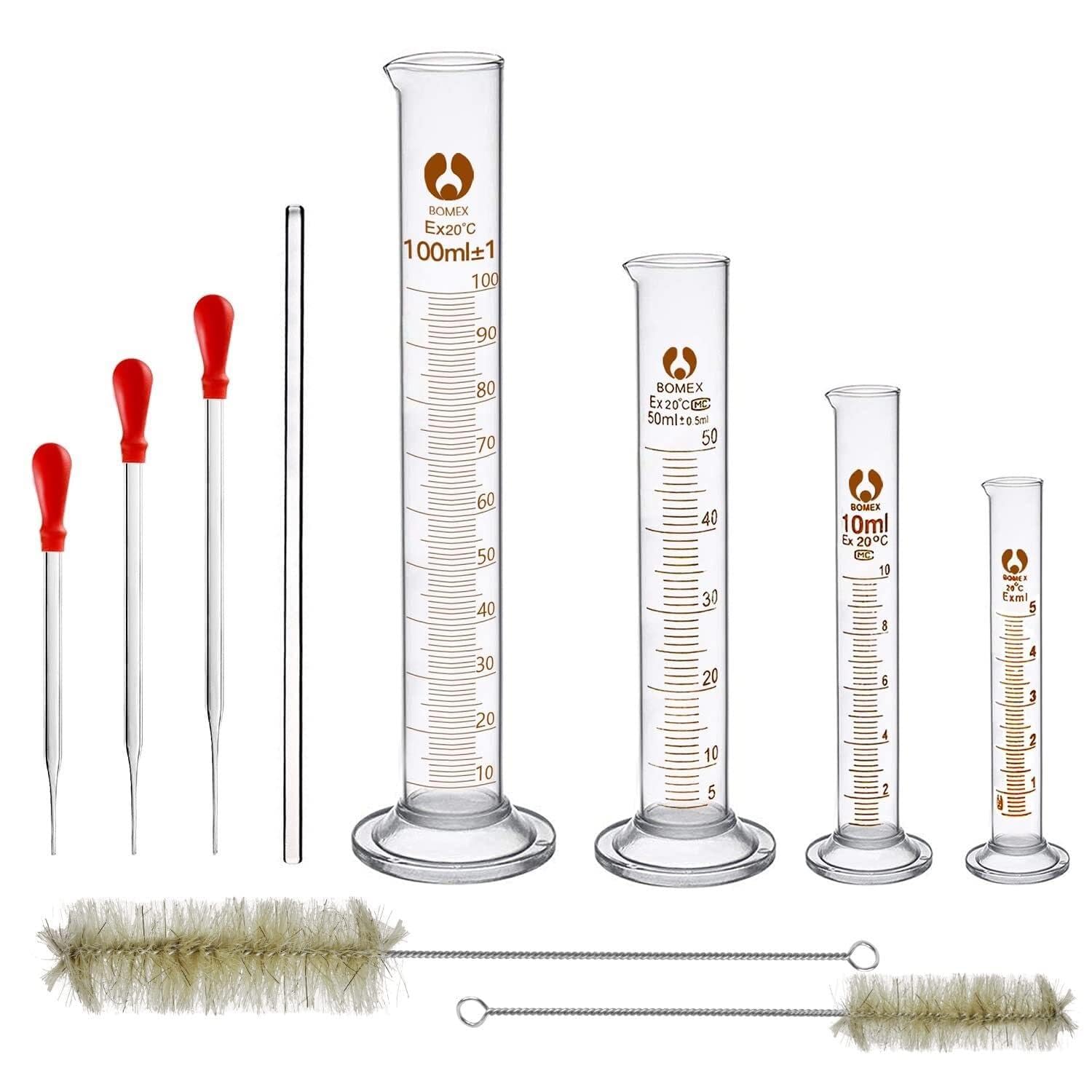 Probeta de Laboratorio para Ciencias, Juego de Laboratorio de Vidrio de borosilicato de 10 Piezas con Cilindros de 5-100 ml, pipetas de 9-12 cm, cepillos, Barra agitadora