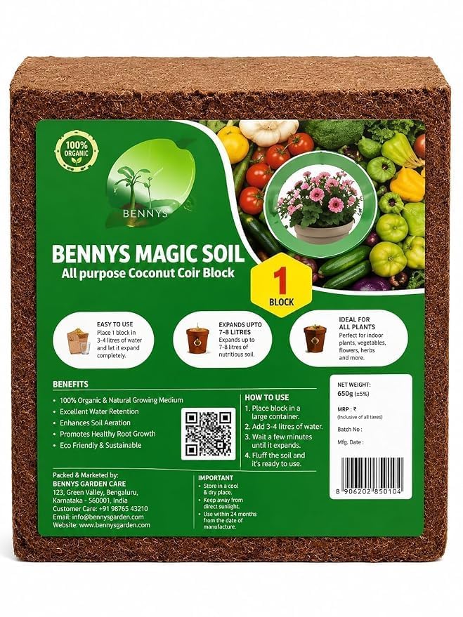 Bennys Magic Soil 1kg Organic Enriched Cocopeat Brick – Premium Coco Coir Growing Medium for Seed Germination, Potting Mix, Kitchen Garden & Indoor Plants-image-9