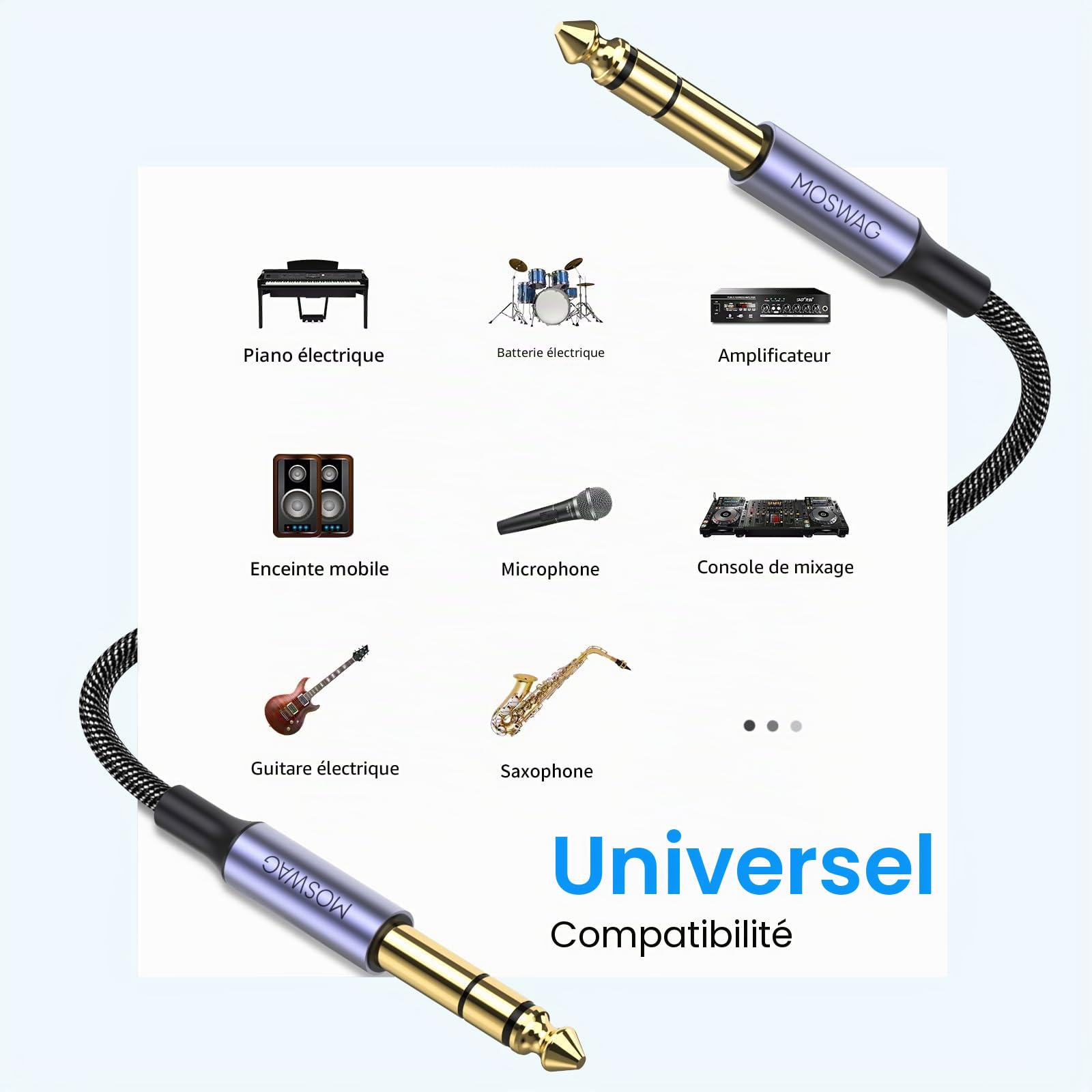 MOSWAG Câble pour Guitare 1M, Câble pour Instruments Stéréo 6,35mm TRS, Jack 6,3mm à Jack 6,3mm Connecteur Tressé pour Ampli, Blindage Anti-Bruit pour Guitare, Ampli, Basse, Clavier, Pédales d'Effets