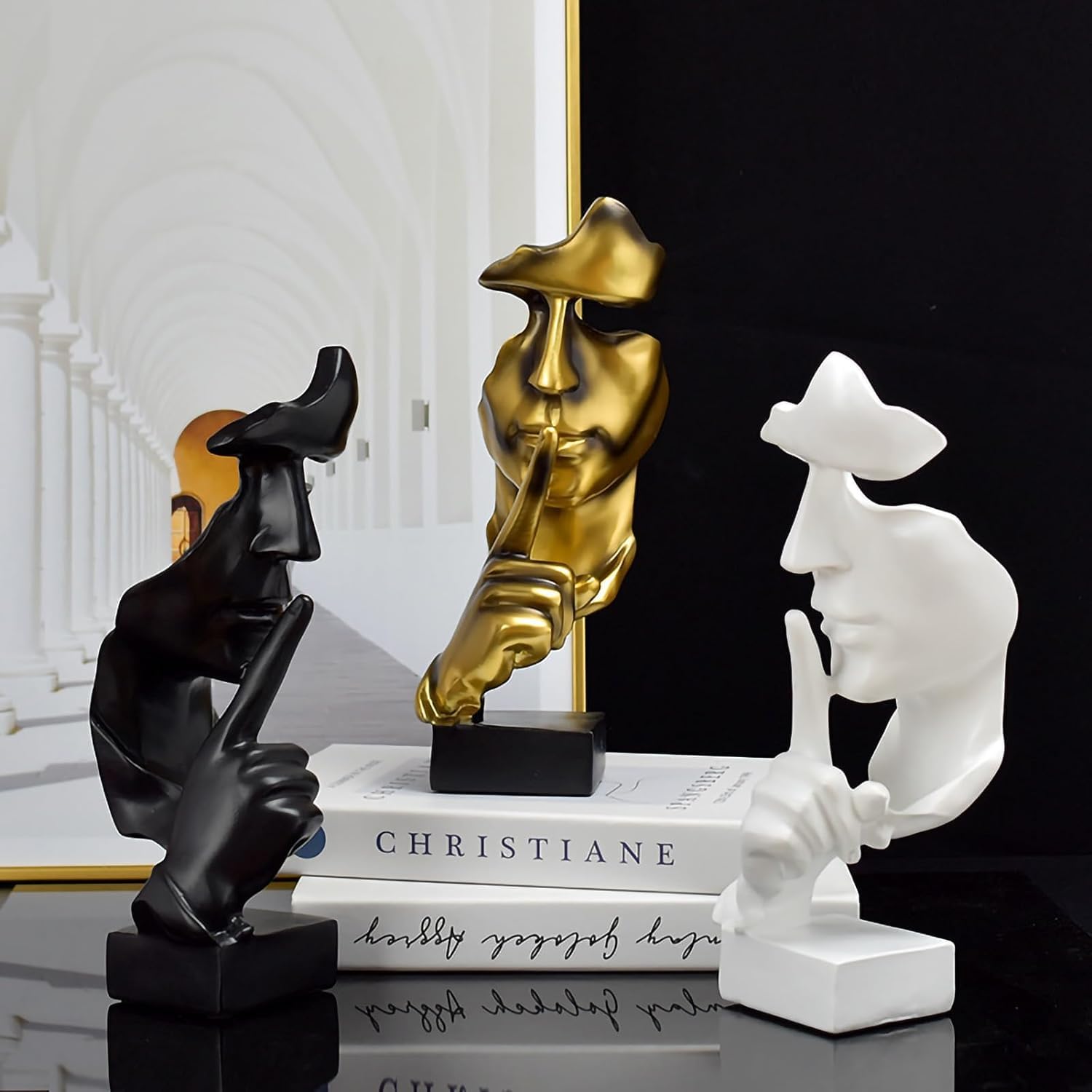 Il silenzio è oro, statua per scaffale da ufficio, decorazione da tavolo, statua d'arte astratta, ornamento per la casa, scultura creativa in resina (dorato)