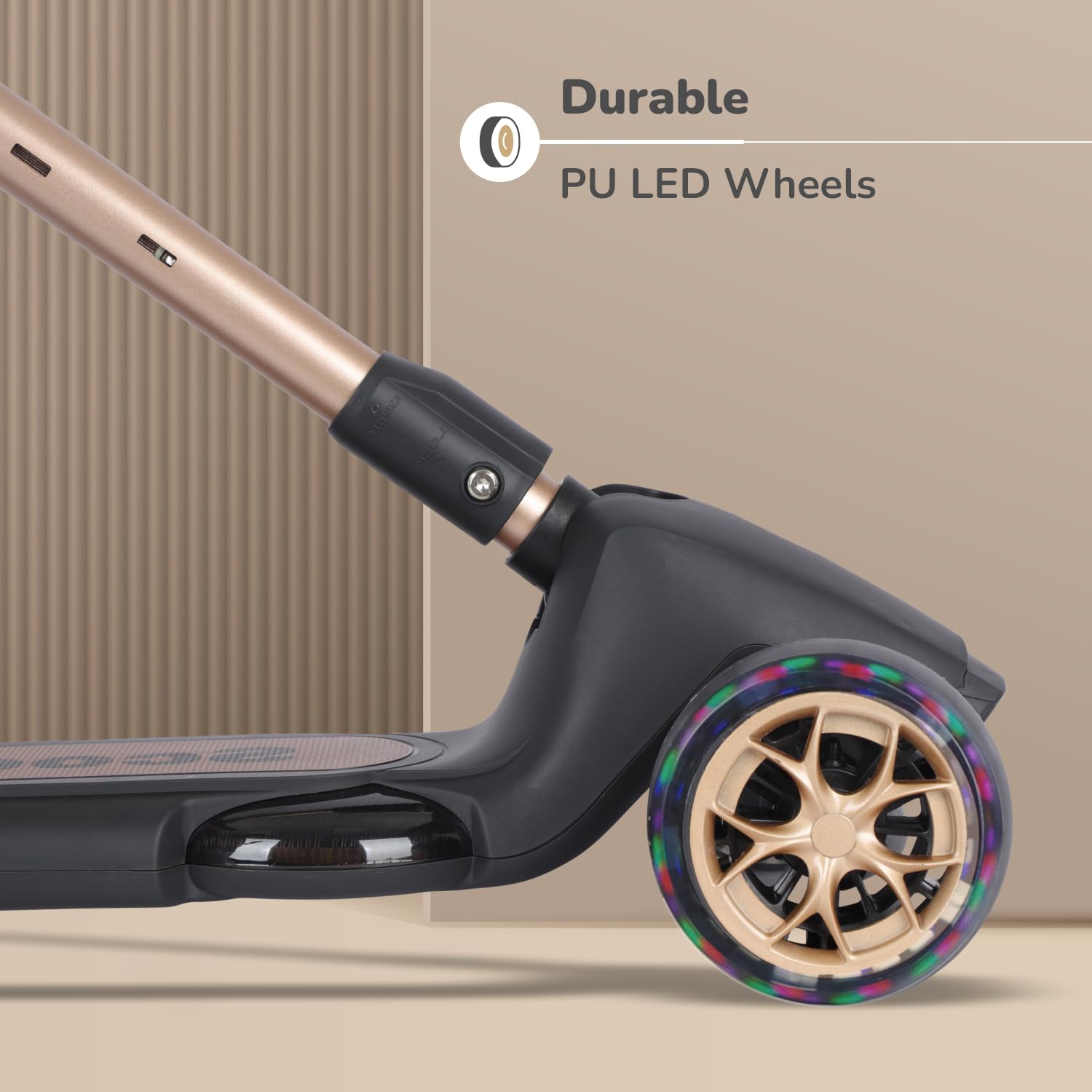 R for Rabbit Road Runner Blaze Foldable Kick Scooter for Kids with 4 Level Adjustable Height, PU LED Wheels, Lights and Music for 3+ Years Baby Boy & Girl of Upto 75kg Weight (Black Gold) 1