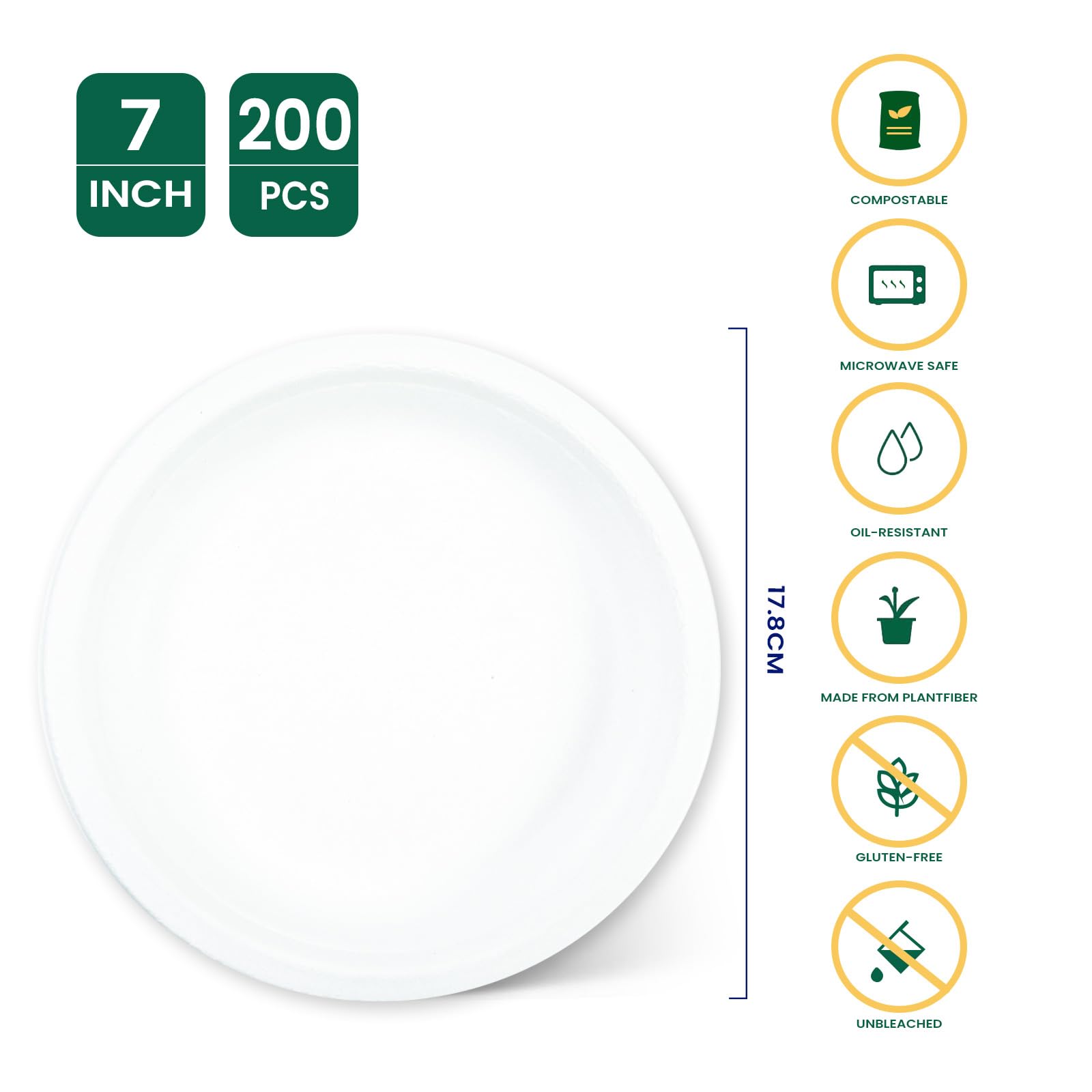 200 platos de papel, 17,8 cm, biodegradables, biodegradables y compostables, respetuosos con el medio ambiente, duraderos, reciclables, perfectos para picnics, barbacoas